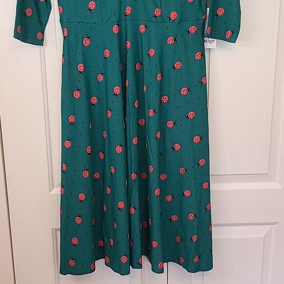 Unique Vintage Green Dress Red Lady Bug Print Key Hole Neck Size 10-12 NWT - Picture 4 of 15